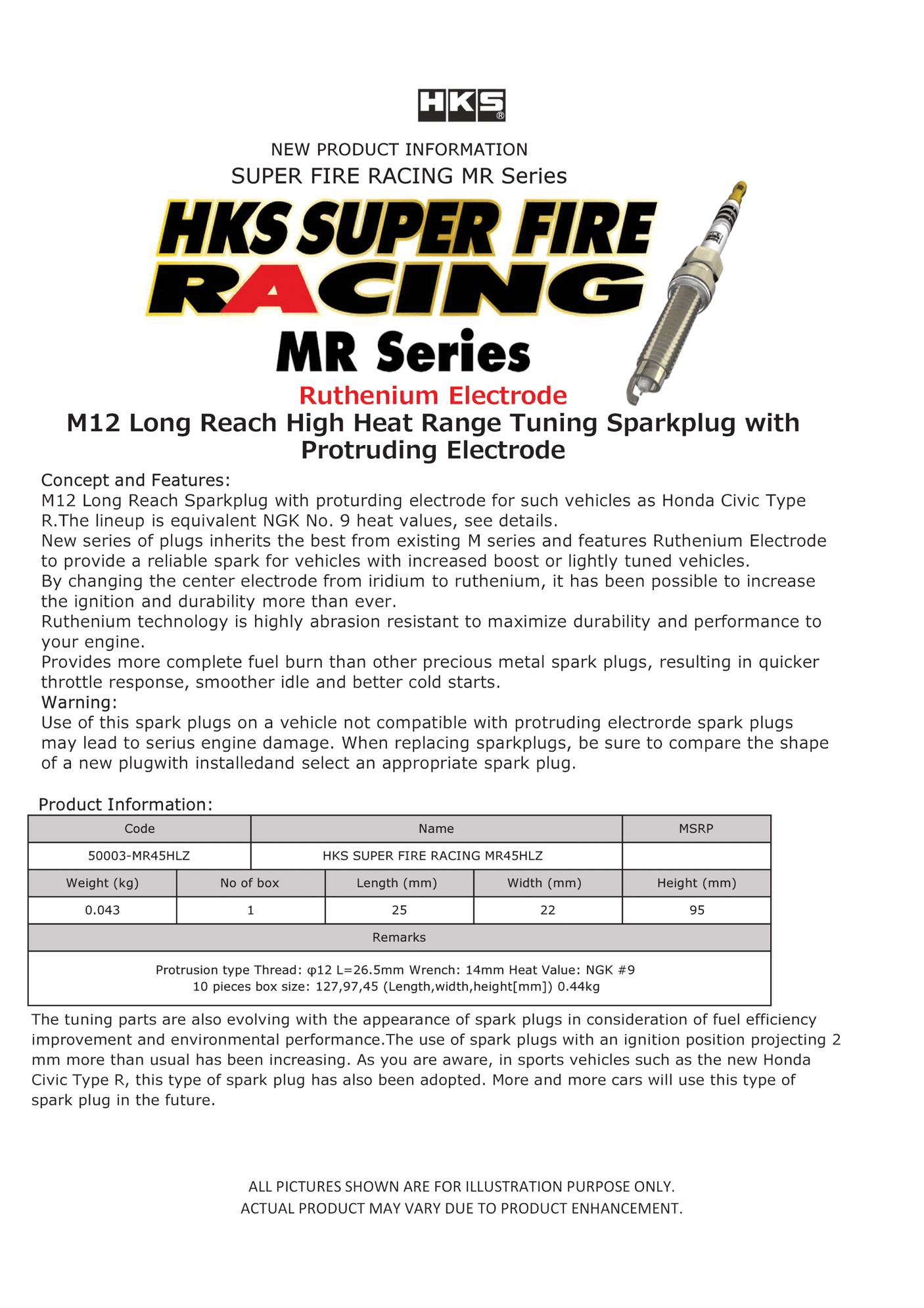 HKS Super Fire Racing Spark Plug 1QTY MR45HLZ