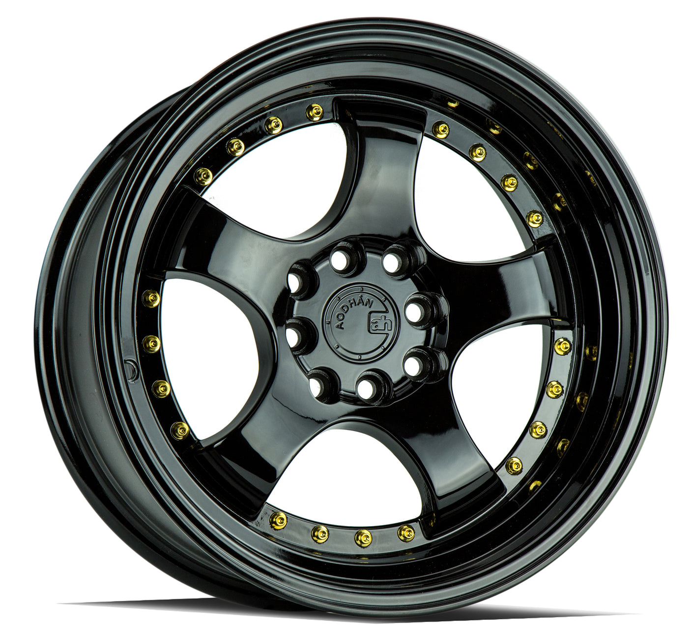 Aodhan AH03 16X8 4X100/114.3 +15 Offset Wheel - Gloss Black W /Gold Rivets - Aodhan Aftermarket Wheel