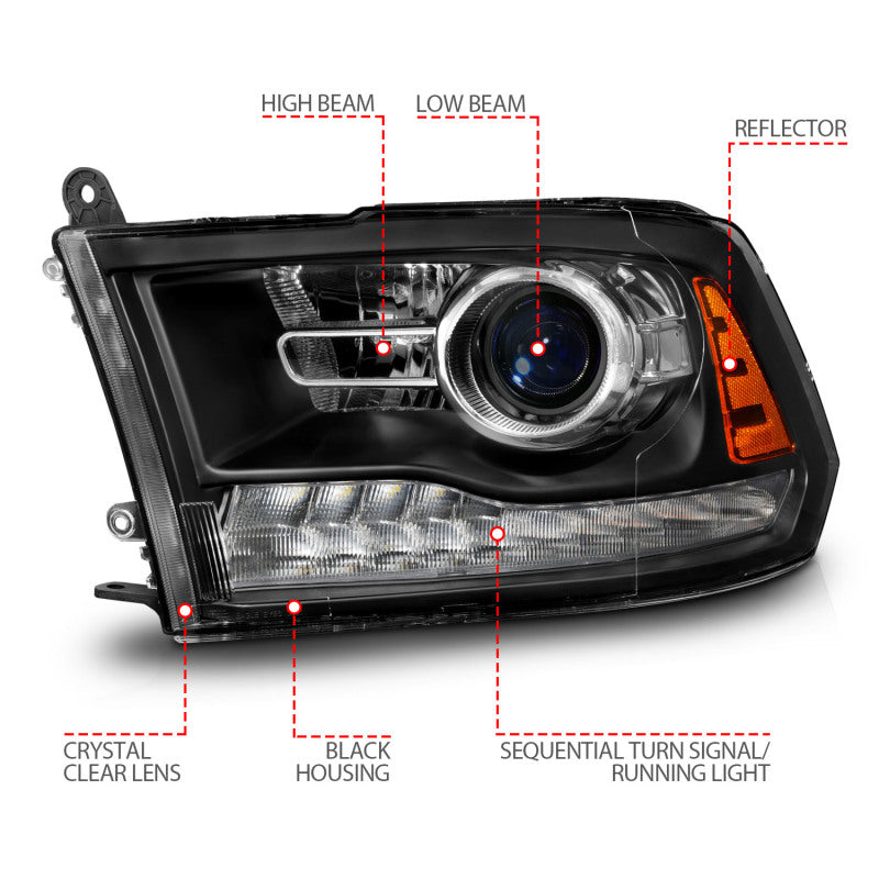 ANZO 09-18 Dodge Ram 1500/2500/3500 LED Plank Style Headlights Switchback + Sequential - Matte Black