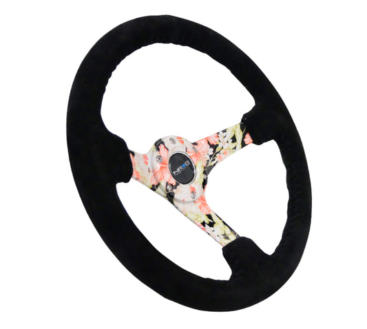 NRG Reinforced Steering Wheel (350mm / 3in. Deep) Blk Suede Floral Dipped w/ Blk Baseball Stitch