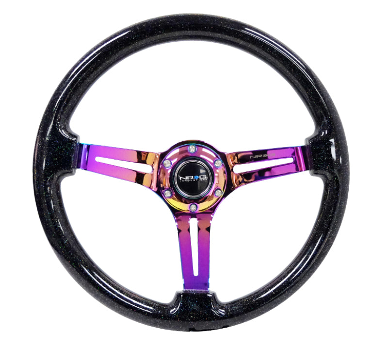 NRG Reinforced Steering Wheel (350mm / 3in. Deep) Blk Multi Color Flake w/ Neochrome Center Mark