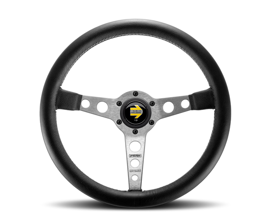 Momo Prototipo Steering Wheel 350 mm - Black Leather/Wht Stitch/Brshd Spokes