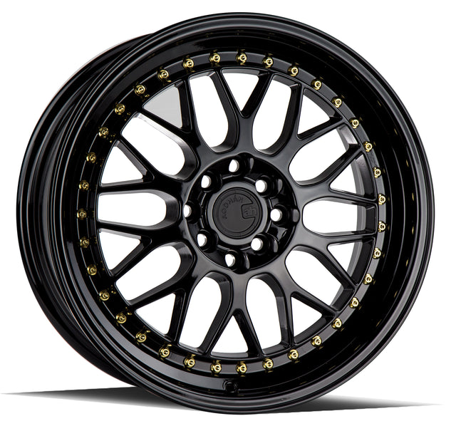 Aodhan AH02 17X8 4X100/114.3 +35 Offset Wheel - Gloss Black ( Gold Rivet) - Aodhan Aftermarket Wheel