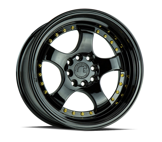 Aodhan AH03 15X8 4X100/114.3 +20 Offset Wheel - Gloss Black W /Gold Rivets - Aodhan Aftermarket Wheel
