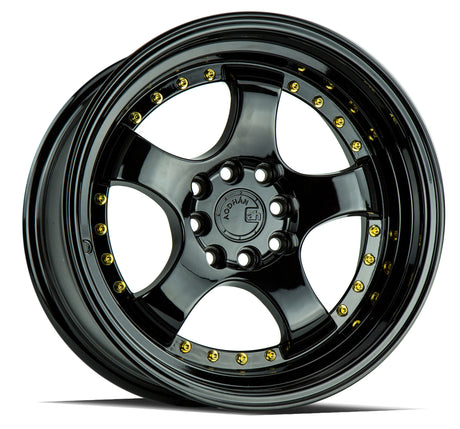 Aodhan AH03 16X8 4X100/114.3 +15 Offset Wheel - Gloss Black W /Gold Rivets - Aodhan Aftermarket Wheel