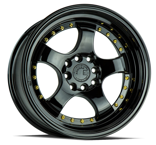 Aodhan AH03 16X8 4X100/114.3 +15 Offset Wheel - Gloss Black W /Gold Rivets - Aodhan Aftermarket Wheel