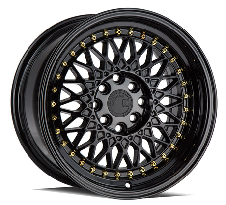 Aodhan AH05 15X8 4X100/114.3 +20 Offset Wheel - Gloss Black W /Gold Rivets - Aodhan Aftermarket Wheel