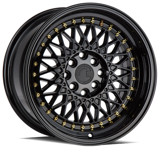 Aodhan AH05 16X8 4X100/114.3 +15 Offset Wheel - Gloss Black W /Gold Rivets - Aodhan Aftermarket Wheel