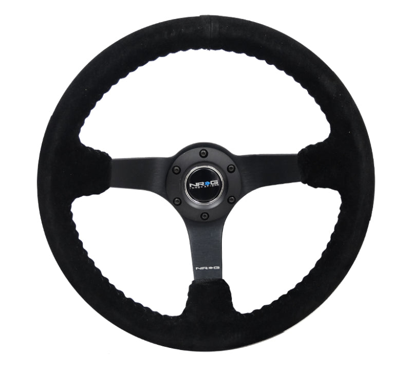 NRG Reinforced Steering Wheel (350mm / 3in. Deep) Blk Suede/Blk Bball Stitch w/5mm Matte Black Spoke