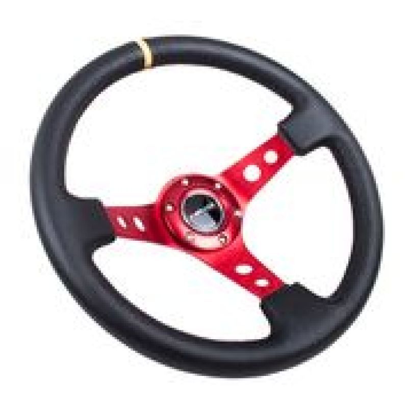 NRG Reinforced Steering Wheel (350mm / 3in. Deep) Blk Leather w/Red Spokes & Sgl Yellow Center Mark