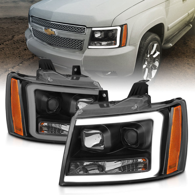 ANZO 07-14 Chevy Tahoe Projector Headlights w/ Plank Style Design Black w/ Amber