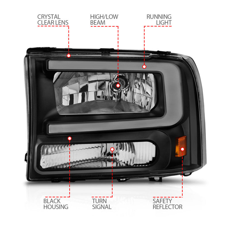 ANZO 99-04 Ford F250/F350/F450/Excursion (excl. 99) Crystal Headlights - w/ Light Bar Black Housing